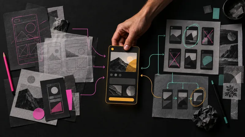 Hand-drawn wireframes, a synthesized screen, and design variants marked as approved or rejected