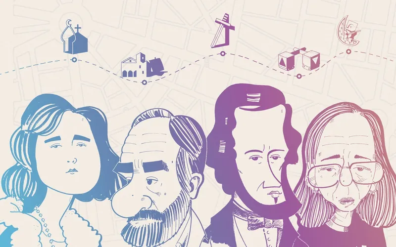 Illustrated portraits of Portuguese writers under a dotted route linking historical landmarks on a map