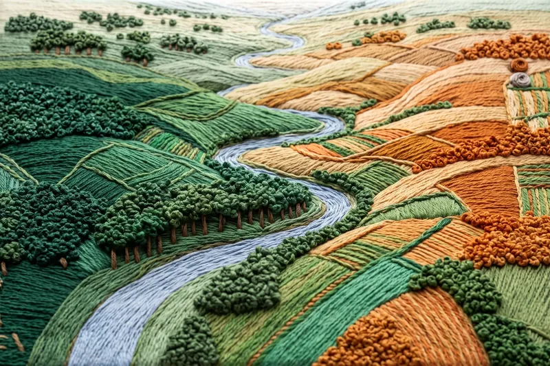 A landscape embroidered entirely in thread, its fields shifting from deep green to burnt sand
