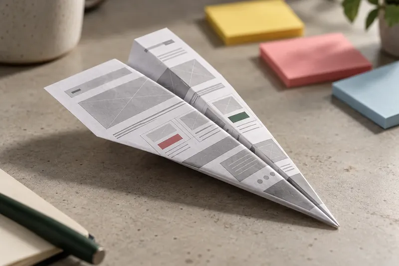 A paper airplane folded from a printed homepage wireframe, on a desk beside sticky notes