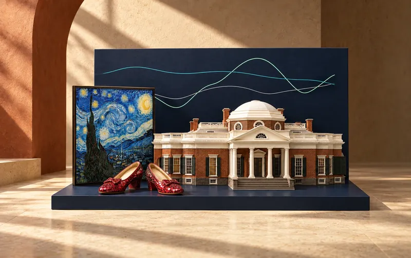 A scale model of a neoclassical house, a framed Starry Night and a pair of ruby slippers arranged on a navy plinth