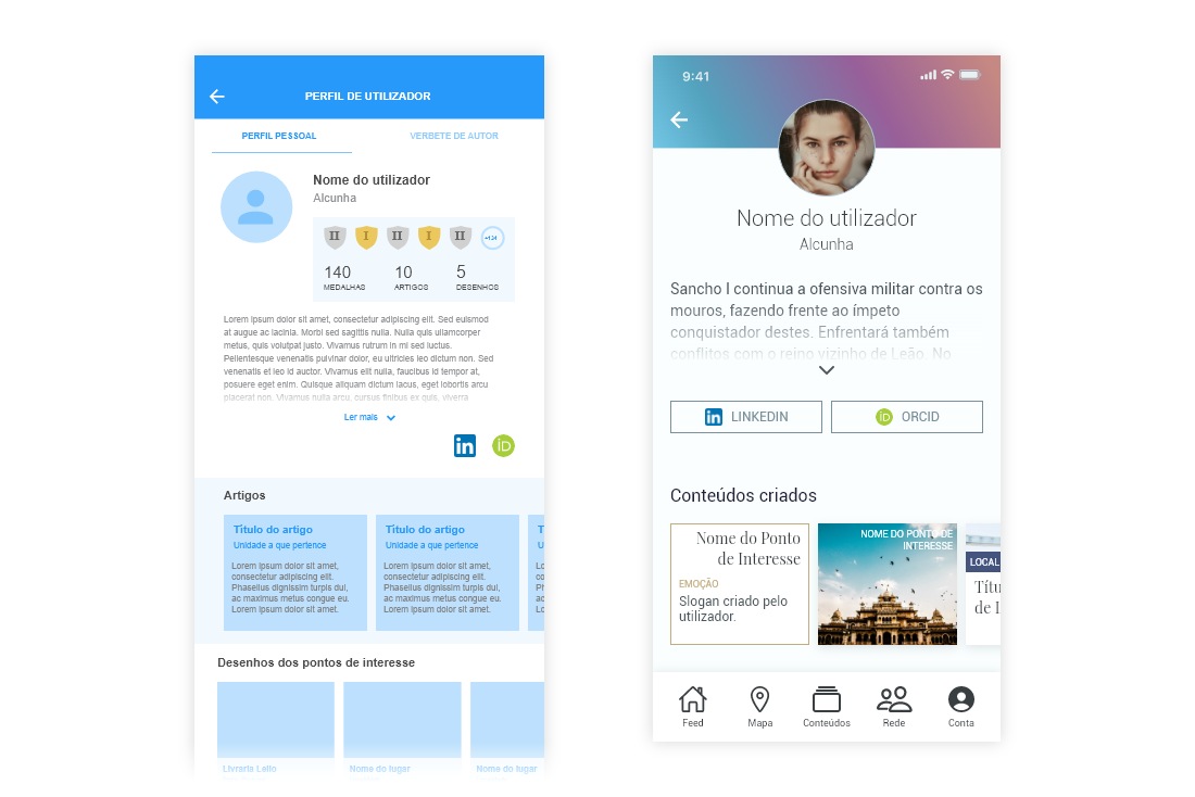 Wireframe and mockup of an interface of the app. It shows the profile page of a user, with their personal information, links to personal pages, and content submitted by them.