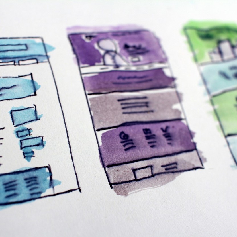 Colourful wireframes of a mobile app.